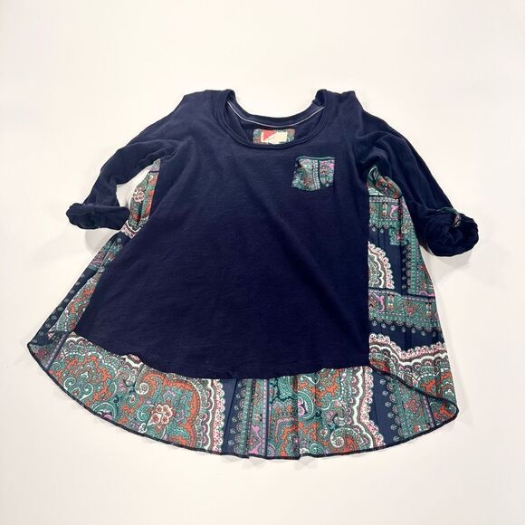 Anthropologie navy red triangle mixed media pleated back top S - Picture 1 of 10